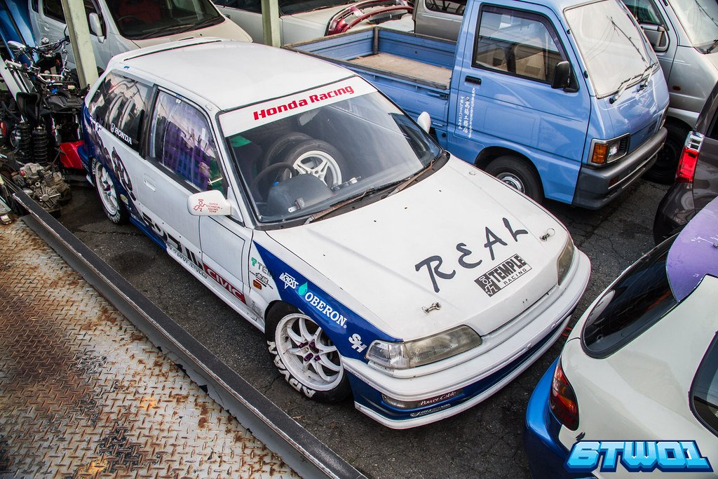 white car with blue on it
